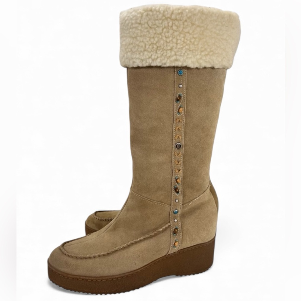 Vintage Y2K Steve Madden Seminole‎ Suede Turquoise Studded Sherpa Winter Boots